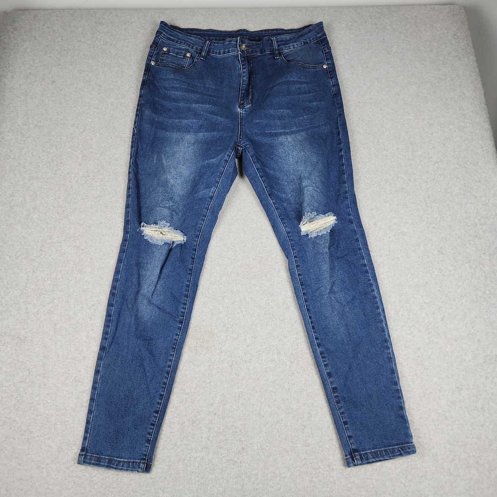 Fashion Skinny Jeans Womens 18 Blue Denim Whiskered Distressed High Rise Stretch